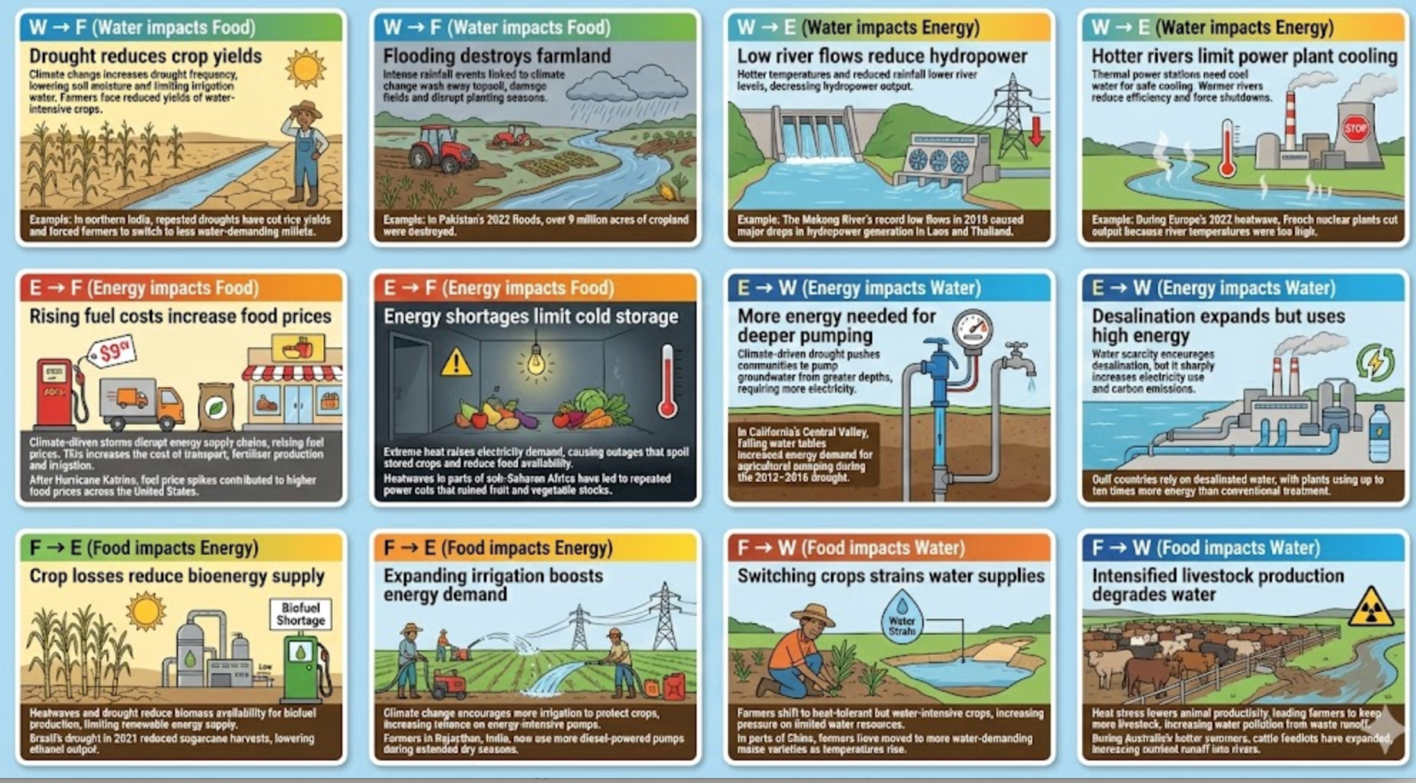 Twelve climate impact cards linking water, energy and food