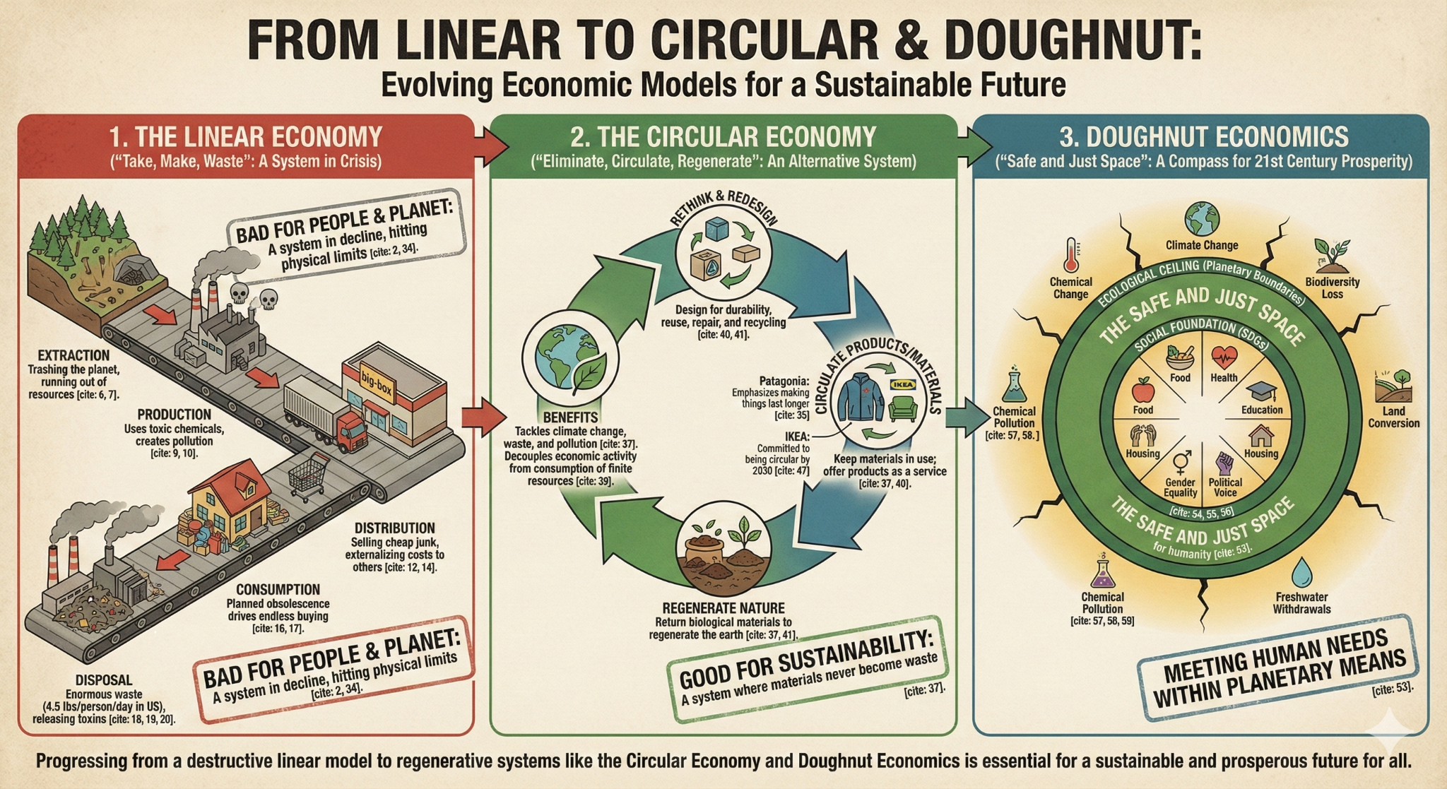 Comparison of linear economy, circular economy and Doughnut Economics